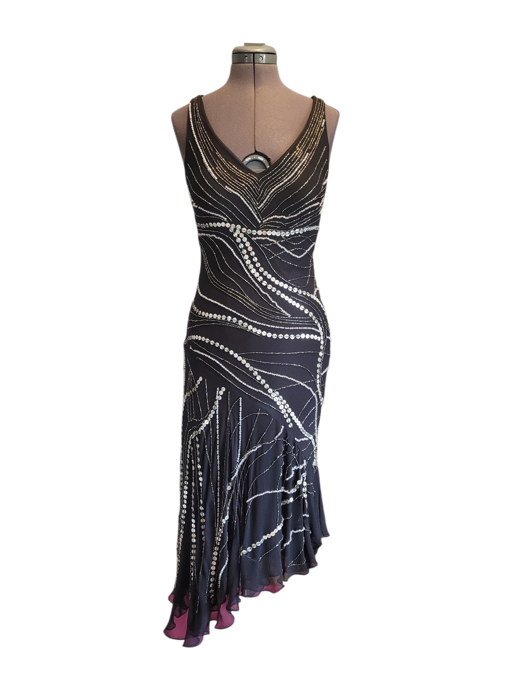 100% Silk Cartise Y2K Beaded Vintage Asymmetric Midi Dress Black